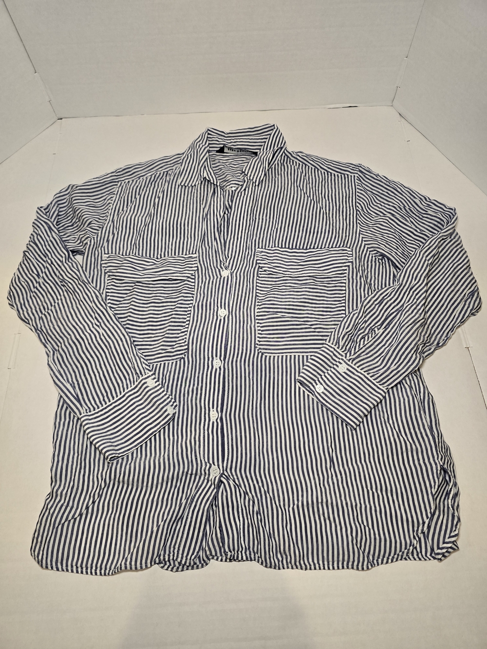 Zara Navy and White Vertical Stripe Button-Down Shirt
